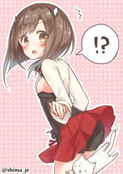 Rule 34 | !?, 10s, 1girl, ^^^, armor, bare shoulders, bike shorts, bike shorts under shorts, bike shorts under skirt, blush, breasts, brown hair, cat, hairband, kantai collection, looking at viewer, masuishi kinoto, open mouth, personification, shima (shima je), short hair, shorts, shorts under skirt, sideboob, skirt, skirt flip, small breasts, solo, taihou (kancolle), twitter username, yellow eyes