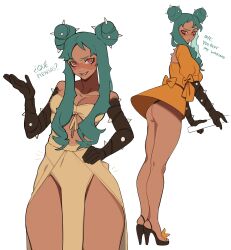 Rule 34 | 1girl, absurdres, ass, barefoot, black hands, blush, clothing cutout, colored extremities, cowboy shot, dark-skinned female, dark skin, double bun, dress, english text, from side, full body, green hair, hair bun, hand on own hip, high heels, highres, long hair, looking at viewer, multiple views, orange dress, original, porqueloin, rebi (porqueloin), red eyes, simple background, spanish text, spikes, standing, stomach cutout, thick thighs, thighs, upskirt, white background, yellow dress