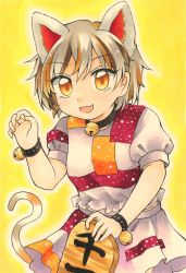 Rule 34 | 1girl, animal ears, bell, calico, cat ears, cat girl, cat tail, coin, commentary request, cowboy shot, crop top, frilled shirt, frills, gesture, gold, goutokuji mike, highres, jingle bell, koban (gold), maa (forsythia1729), maneki-neko, medium skirt, midriff peek, multicolored clothes, multicolored hair, multicolored shirt, multicolored skirt, multicolored tail, open mouth, orange eyes, patch, patchwork clothes, paw pose, shirt, short hair, simple background, skirt, solo, streaked hair, tail, touhou, traditional media, white hair, yellow background