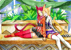 Rule 34 | 10s, 2girls, animal ears, artist name, bench, blonde hair, cat ears, cat tail, city, eudetenis, final fantasy, final fantasy xiv, highres, hug, hug from behind, midriff, miqo&#039;te, multiple girls, plant, red eyes, red hair, scarf, sitting, skirt, tail, thighhighs, warrior of light (ff14), zettai ryouiki