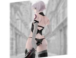 Rule 34 | 1girl, absurdres, arm belt, ass, bandaged arm, bandages, black panties, black thighhighs, facial scar, fate/apocrypha, fate/grand order, fate (series), from behind, gloves, green eyes, highres, jack the ripper (fate/apocrypha), looking at viewer, looking back, lowleg, lowleg panties, panties, scar, scar across eye, scar on cheek, scar on face, short hair, shoulder tattoo, single glove, solo, standing, tattoo, thighhighs, underwear, white hair, yoonsemo