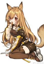 Rule 34 | 1girl, ahoge, animal ears, arknights, baiwei er hao ji, brown footwear, brown hair, brown jacket, brown shorts, brown thighhighs, ceobe (arknights), chinese commentary, commentary request, dated, dog ears, dog tail, eating, fang, full body, hair between eyes, hand up, jacket, long hair, looking at viewer, open mouth, red eyes, shoes, shorts, simple background, sitting, solo, tail, thighhighs, weibo watermark, white background, zettai ryouiki