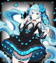 Rule 34 | 1girl, absurdres, alternate costume, aqua hair, bare shoulders, black choker, black dress, black nails, blue butterfly, blue eyes, blue gemstone, blush, bracelet, bug, butterfly, butterfly hair ornament, choker, clothing cutout, cowboy shot, dress, gem, gradient background, grey background, hair ornament, hatsune miku, highres, insect, jewelry, layered dress, long hair, looking at viewer, mizuamemochimochi, nail polish, parted lips, see-through, shoulder cutout, solo, thigh strap, twintails, very long hair, vocaloid