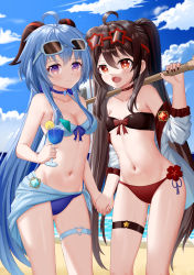 Rule 34 | 2girls, :d, absurdres, ahoge, alternate costume, armpits, bare shoulders, beach, bikini, black hair, blue bikini, blue hair, blue sky, breasts, choker, cleavage, cloud, cloudy sky, cocktail glass, collarbone, commentary request, cup, drink, drinking glass, eyewear on head, food, fruit, ganyu (genshin impact), genshin impact, hair between eyes, highres, holding, holding cup, holding hands, holding shovel, horizon, horns, hu tao (genshin impact), lemon, lemon slice, long hair, looking at viewer, midriff, multiple girls, ocean, open mouth, over shoulder, purple eyes, red eyes, shovel, sidelocks, sky, skym (kumei), smile, stomach, strapless, strapless bikini, sunglasses, swimsuit, symbol-shaped pupils, thighlet, thighs, twintails, two-tone bikini, vision (genshin impact), weapon, weapon over shoulder
