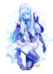 Rule 34 | 1girl, absurdres, alternate costume, apron, areola slip, blue hair, blue panties, blue skin, blue theme, breasts, cleavage, colored skin, dated, earrings, enmaided, final fantasy, final fantasy xiv, frills, gloves, high heels, highres, ice, jewelry, leg up, leotard, lipstick, long hair, looking at viewer, maid, maid headdress, makeup, ooshima ryou, open mouth, panties, purple gloves, purple lips, purple thighhighs, ryne waters, shiva (final fantasy), signature, solo, sparkle, thighhighs, underwear, undressing, yellow eyes