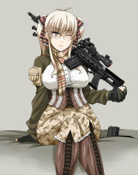 Rule 34 | 1girl, alternate color, battle rifle, bipod, blonde hair, boots, breasts, brown eyes, corset, enoshima iki, fingerless gloves, glasses, gloves, gun, large breasts, crossed legs, long hair, m14, military, mk 14 mod 0 ebr, one eye closed, original, rifle, scarf, scope, shirt, sitting, smile, sniper rifle, solo, taut clothes, taut shirt, twintails, weapon, wink