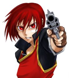 Rule 34 | 1girl, aiming, aiming at viewer, arc the lad, arc the lad iii, cheryl (arc the lad), fingerless gloves, gloves, gun, handgun, holding, holding gun, holding weapon, kuroino (0kuro8ino6), pistol, red eyes, red hair, revolver, short hair, solo, weapon