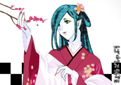 Rule 34 | 00s, 1girl, aqua eyes, branch, cherry blossoms, fingernails, floral print, gankutsuou, green hair, haydee (gankutsuou), japanese clothes, kimono, long fingernails, long hair, makeup, mascara, nail polish, pointy ears, red nails, simple background, solo, very long hair, white background
