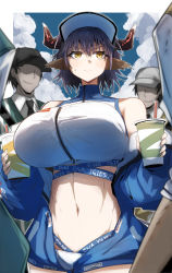 Rule 34 | 1girl, 4boys, animal ears, arknights, bikini, blue jacket, blue sky, blush, breasts, closed mouth, cloud, cloudy sky, cow ears, cow horns, cowboy shot, cup, dark-skinned male, dark skin, day, drink, drinking straw, eyebrows hidden by hair, faceless, faceless male, frown, gin moku, hair between eyes, highres, holding, holding cup, horns, huge breasts, jacket, looking to the side, multiple boys, navel, official alternate costume, open clothes, open jacket, outdoors, purple hair, short hair, sideroca (arknights), sideroca (light breeze) (arknights), sky, solo focus, standing, stomach, surrounded, sweatdrop, swimsuit, toned, v-shaped eyebrows, visor cap, white bikini, white headwear, yellow eyes