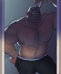 Rule 34 | 1boy, absurdres, back hair, backlighting, bara, buzz cut, chest hair, come hither, cowboy shot, glowing, glowing eyes, grey hair, groin, hairy, highres, huge eyebrows, huge pectorals, leaning forward, mature male, muscular, muscular male, navel, navel hair, nipples, old, old man, open door, original, sanpaku, seductive smile, shadow, short hair, sideways mouth, smile, smokeyfiend, standing, stomach, thick arm hair, topless male, very short hair