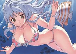 Rule 34 | aflame inferno, ahoge, bikini, breasts, bubble, cleavage, diving, front-tie top, gehenna, highres, kim kwang hyun, large breasts, long hair, open mouth, side-tie bikini bottom, sideboob, swimming, swimsuit, underwater, water, white hair, yellow eyes