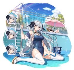 Rule 34 | 2girls, absurdres, alternate costume, armpits, bad id, bad pixiv id, bare shoulders, beach umbrella, black one-piece swimsuit, blue eyes, blue one-piece swimsuit, bow, breasts, bucket, chain-link fence, competition school swimsuit, contrail, controlline3, counter:side, covered navel, edel meitner, empty pool, expressions, fence, floating hair, frown, full body, goggles, goggles around neck, hair bow, highres, holding, hose, huge filesize, large breasts, long hair, looking at viewer, mop, multiple girls, off shoulder, one-piece swimsuit, open clothes, open shirt, pool, pool ladder, regina maccready, sailor collar, sailor shirt, school swimsuit, shirt, short sleeves, silver hair, simple background, sitting, swimsuit, thighhighs, thighs, umbrella, very long hair, wariza, wet, white background, white legwear, white shirt