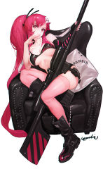 Rule 34 | 1girl, :&lt;, armchair, artist name, bare shoulders, bikini, bikini top only, black bikini, black footwear, black ribbon, boots, breasts, brown eyes, chair, closed mouth, collarbone, fingerless gloves, full body, gloves, grandia lee, gun, hair ornament, hair ribbon, hand on own face, highres, knee boots, large breasts, leaning to the side, long hair, looking at viewer, nail polish, pillow, pink nails, pink thighhighs, ponytail, ribbon, rifle, signature, simple background, single glove, skull hair ornament, sniper rifle, solo, strap slip, swimsuit, tengen toppa gurren lagann, thighhighs, underboob, very long hair, weapon, white background, yoko littner