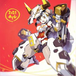 Rule 34 | 1girl, 2021, :o, black hair, breasts, chinese zodiac, clenched hands, covered navel, degarashi (ponkotsu), horns, looking down, mecha musume, medium breasts, multicolored hair, orange eyes, original, science fiction, short hair, solo, v-shaped eyebrows, white hair, year of the ox