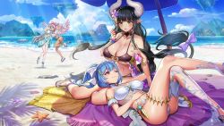 Rule 34 | 4girls, alternate costume, ass, authumla, bare shoulders, beach, bikini, black hair, blue hair, blue sky, blunt bangs, breasts, cloud, collarbone, dark-skinned female, dark skin, day, floating island, flower, frigg (valkyrie connect), hair flower, hair ornament, herja (valkyrie connect), horns, large breasts, long hair, lying on person, multiple girls, nail polish, noa (valkyrie connect), ocean, official art, one eye closed, outdoors, pink hair, pointy ears, sand, sky, starfish, swimsuit, tree, under umbrella, valkyrie connect, white hair, wings