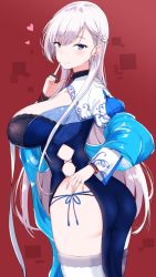 Rule 34 | 1girl, alternate costume, ass, azur lane, belfast (azur lane), belfast (iridescent rosa) (azur lane), black gloves, blue dress, blue eyes, blue nails, blush, braid, breasts, chain, cleavage cutout, closed mouth, clothing cutout, collar, commentary request, curvy, dress, earrings, elbow gloves, finger to mouth, french braid, from behind, gloves, hand on own hip, highres, huge breasts, jewelry, long hair, long sleeves, nail polish, panties, partially fingerless gloves, ring, side-tie panties, side braid, side slit, silver hair, smile, solo, standing, string panties, takaharu, thick thighs, thighhighs, thighs, underwear, very long hair, wedding band, white thighhighs, wide sleeves, wristband