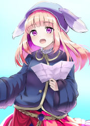 Rule 34 | 10s, 1girl, animal ears, belt, blue background, blue hat, blue jacket, blunt bangs, blush, commentary, freshman lou, gradient background, hat, highres, holding, jacket, long hair, long sleeves, looking at viewer, map (object), open mouth, paper, purple eyes, red skirt, shadowverse, shingeki no bahamut, simple background, skirt, solo, standing, sweatdrop, upper body, wan (calvin840203), wide sleeves