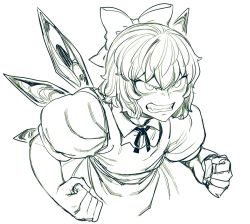 Rule 34 | angry, bow, cirno, fangs, hair bow, ice, ice wings, monochrome, puffy short sleeves, puffy sleeves, ribbon, short hair, short sleeves, sketch, solo, spacezin, touhou, v-shaped eyebrows, white background, wings