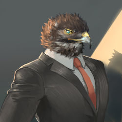 Rule 34 | 1boy, arbbun, bird boy, black suit, collared shirt, formal, furry, furry male, highres, male focus, muscular, muscular male, necktie, orange necktie, original, shirt, solo, striped suit, suit, textless version, undershirt, upper body, white shirt