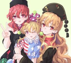 Rule 34 | 3girls, american flag dress, american flag legwear, black shirt, blonde hair, chinese clothes, clownpiece, commentary, crescent print, hands on another&#039;s arms, hat, hecatia lapislazuli, highres, hug, jester cap, junko (touhou), leggings, long hair, multiple girls, neck ruff, neold, off-shoulder shirt, off shoulder, one eye closed, open mouth, orange hair, phoenix crown, pink eyes, plaid, plaid skirt, polka dot headwear, red eyes, red hair, shirt, skirt, smile, t-shirt, tabard, touhou, v, very long hair