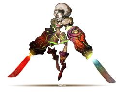 Rule 34 | 1girl, android, female focus, floating, full body, ippatu, original, pale skin, red eyes, signature, simple background, solo, sword, weapon, white background