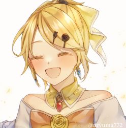 Rule 34 | 1girl, aku no musume (vocaloid), aryuma772, blonde hair, bow, brooch, choker, closed eyes, collarbone, colored eyelashes, dress, dress bow, dress flower, earrings, evillious nendaiki, flower, hair ornament, hairclip, happy, highres, jewelry, kagamine rin, open mouth, petals, riliane lucifen d&#039;autriche, rose, smile, solo, strapless, strapless dress, swept bangs, twitter username, updo, vocaloid, yellow bow, yellow choker, yellow flower, yellow rose