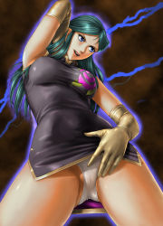 Rule 34 | 1girl, aura, blue eyes, breasts, china dress, chinese clothes, clothes lift, dress, dress lift, elbow gloves, from below, giant robo, ginrei (giant robo), gloves, green hair, hand in own hair, highres, large breasts, lips, long hair, open mouth, panties, pantyshot, partially visible vulva, short dress, solo, standing, thighs, toten (der fuhrer), underwear, upskirt, white panties