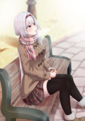 Rule 34 | 1girl, absurdres, alternate costume, azur lane, bad id, bad pixiv id, bench, boots, brown coat, brown thighhighs, coat, colorado (azur lane), from side, fur-trimmed boots, fur trim, hairband, highres, holding, long hair, miniskirt, on bench, outdoors, pink scarf, plaid, plaid scarf, plaid skirt, red eyes, red hairband, scarf, sitting, skirt, tengatengu-hot, thighhighs, white hair, wooden bench