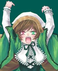 Rule 34 | 1girl, angry, brown hair, female focus, green background, heterochromia, lowres, open mouth, rozen maiden, simple background, solo, suiseiseki