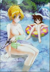 Rule 34 | 00s, 2girls, afloat, age difference, arm support, barefoot, blonde hair, blush, border, breast hold, breasts, breasts squeezed together, brown eyes, brown hair, censored, cleavage, convenient censoring, convenient leg, crease, day, feet, flat chest, grenadier (manga), gun, hair between eyes, hair bun, hair up, handgun, highres, holding, holding gun, holding weapon, innertube, inoue hideki, kurenai mikan, large breasts, legs, long hair, looking at viewer, looking back, megami magazine, mikan kurenai, multiple girls, nature, non-web source, nude, official art, onsen, outdoors, pistol, polka dot, ponytail, profile, public indecency, public nudity, reclining, revolver, rock, scan, shadow, single hair bun, sitting, skindentation, sky, smile, soaking feet, spiked hair, steam, swim ring, tendou rushuna, towel, towel on head, tree, trigger discipline, water, weapon, wet, yellow eyes