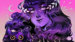 Rule 34 | 1girl, animal, artemis (lore olympus), ashiori-chan, cat, closed mouth, colored skin, crescent, freckles, hair ornament, lips, long hair, looking at viewer, lore olympus, pink background, portrait, purple eyes, purple hair, purple skin, signature, simple background, smile, solo, thick eyebrows