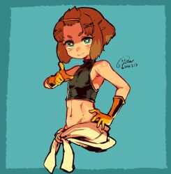 Rule 34 | 1other, androgynous, brown hair, commentary request, crop top, cropped torso, dated, gloves, green background, green eyes, hair ornament, hairclip, halterneck, hand on own hip, highres, midriff, navel, orange gloves, original, pointing, pointing at viewer, signature, smile, solo, suparu (detteiu), v-shaped eyebrows, x hair ornament