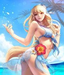 Rule 34 | 1girl, ass, bikini, blonde hair, blue eyes, bracelet, breasts, chaos online, cloud, cowboy shot, day, fingernails, flower, hibiscus, jewelry, large breasts, lens flare, long fingernails, long hair, looking at viewer, looking back, love cacao, official art, palm tree, parted lips, sarong, see-through, silk (chaos online), sky, solo, swimsuit, tree, water