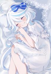 Rule 34 | 1girl, ahoge, bed sheet, blue bow, blue hair, blush, bow, closed eyes, dress, engasaki sakura, facing viewer, feet out of frame, frilled dress, frills, furina (genshin impact), genshin impact, grin, hair bow, highres, light blue hair, lying, multicolored hair, on side, parted lips, sleepwear, smile, solo, sparkle, streaked hair, two-tone hair, white dress
