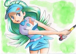 Rule 34 | 1girl, ahoge, blue hat, blue skirt, breasts, collared shirt, commentary request, creatures (company), game freak, gloves, golf club, green hair, grey eyes, hat, highres, holding, holding golf club, kahili (pokemon), long hair, mole, mole under eye, nintendo, oka mochi, open mouth, pokemon, pokemon (anime), pokemon sm (anime), shirt, short sleeves, single glove, skirt, solo, striped clothes, striped shirt, teeth, tongue, traditional media, upper teeth only, visor cap