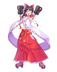 Rule 34 | 1girl, mito anji, black hair, blush, bow, bridal gauntlets, closed eyes, cookie (touhou), cosplay, crossed arms, detached sleeves, full body, geta, guilty gear, hair bow, hair tubes, hakurei reimu, hand fan, highres, holding, holding fan, mito anji (cosplay), navel, noel (cookie), open mouth, red bow, ribbon-trimmed sleeves, ribbon trim, sarashi, smile, solo, standing, stomach, tarmo, touhou, transparent background, wide sleeves