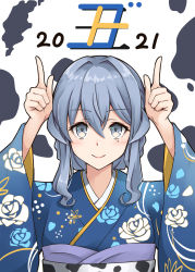 Rule 34 | 1girl, 2021, alternate costume, blue eyes, blue hair, blue kimono, chinese zodiac, commentary request, horns pose, floral print, gotland (kancolle), hair bun, highres, index fingers raised, japanese clothes, kantai collection, kimono, kodama (mmt uf), long hair, looking at viewer, mole, mole under eye, single hair bun, smile, solo, upper body, white background, year of the ox