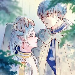 Rule 34 | 1boy, 1girl, blue eyes, blue hair, cape, capelet, dappled sunlight, day, earrings, elf, eye contact, frieren, hand on another&#039;s head, himmel (sousou no frieren), jewelry, kesyeru, light blue hair, long hair, looking at another, outdoors, pointy ears, sousou no frieren, sunlight, twitter username, upper body, watermark, white hair