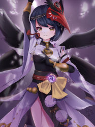Rule 34 | 1girl, arm guards, arm up, bird mask, black bodysuit, black gloves, black hair, black wings, bodysuit, brown eyes, commentary request, detached sleeves, elbow gloves, feathered wings, genshin impact, gloves, highres, japanese clothes, kanzuki tsunane, kujou sara, looking at viewer, mask, multiple wings, parted bangs, pom pom (clothes), short hair, short sleeves, sidelocks, solo, vision (genshin impact), wide sleeves, wings