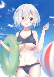Rule 34 | 1girl, :d, bad id, bad pixiv id, ball, bare shoulders, beachball, bikini, black bikini, blue sky, blurry, blurry foreground, blush, breasts, cleavage, cloud, collarbone, cowboy shot, day, depth of field, frills, hair ornament, hair over one eye, hairclip, hamakaze (kancolle), hands up, kantai collection, large breasts, light particles, looking at viewer, narushina, navel, open mouth, short hair, sky, smile, solo, standing, stomach, swimsuit, tareme, transparent, underboob