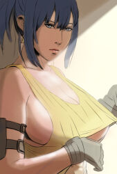 1girl artofmountainbro blue_eyes blue_hair breasts clothes_lift clothes_pull female_focus gloves large_breasts leona_heidern long_hair looking_at_viewer mountainbro pale_skin ponytail shirt_lift shirt_pull snk tank_top the_king_of_fighters underboob undressing