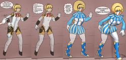 Rule 34 | 1girl, absurdres, aegis (persona), blonde hair, blue eyes, breast expansion, breasts, clown, collar, comic, female focus, high heels, highres, large breasts, latex, multiple views, pantyhose, persona, persona 3, petrification, polka dot, rainbow, red nose, simple background, source request, topless, transformation, xxxx52