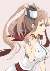Rule 34 | 1girl, blood type ab, breast pocket, breasts, brown hair, cowboy shot, dress, green eyes, highres, kantai collection, large breasts, neckerchief, pink background, pocket, ponytail, profile, red legwear, red neckerchief, saratoga (kancolle), side ponytail, sidelocks, simple background, smokestack, solo, white dress