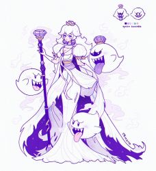 Rule 34 | artist name, black sclera, blush, blush stickers, boo (mario), breasts, cape, character name, cleavage, color guide, colored sclera, crown, dress, earrings, english text, eyeshadow, floating, full body, gem, ghost, gloves, hair flaps, half-closed eyes, hand up, happy, holding, holding staff, jewelry, king boo, light blush, long dress, long hair, luigi&#039;s mansion, makeup, mamobot, mario (series), mini crown, monochrome, new super mario bros. u deluxe, nintendo, open mouth, princess king boo, puffy short sleeves, puffy sleeves, purple eyes, purple eyeshadow, purple gemstone, sash, sharp teeth, short sleeves, sidelocks, signature, simple background, small breasts, smile, smoke, staff, standing, super crown, teeth, tongue, tongue out, torn clothes, torn dress, traditional media, two-sided cape, two-sided fabric, white background, white cape, white dress, white gloves, white hair, white theme, yellow headwear