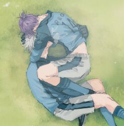 Rule 34 | 2boys, black gloves, blue lock, blue shirt, blue socks, breath, character name, commentary request, covered face, gloves, grass, grey hair, grey shorts, hand on another&#039;s head, highres, long sleeves, lying, male focus, mikage reo, multiple boys, nagi seishirou, on ground, on side, open mouth, purple hair, shirt, shirt grab, short hair, short ponytail, shorts, soccer uniform, socks, sportswear, sweat, yng z