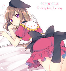 Rule 34 | 1girl, apron, back, back bow, bed, black bow, black hat, black socks, blush, bow, brown hair, dress, from behind, hand on own face, hands up, hat, highres, legs up, looking at viewer, looking back, lying, nishida satono, no shoes, on stomach, open mouth, ougi hina, pillow, pink dress, puffy short sleeves, puffy sleeves, purple eyes, short hair, short hair with long locks, short sleeves, simple background, socks, solo, touhou, twitter username, white apron, white background