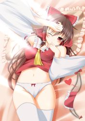 Rule 34 | 1girl, ascot, bare shoulders, blush, bow, bow panties, breasts, brown hair, detached sleeves, female focus, gap (touhou), hair bow, hair tubes, hakurei reimu, heart, impossible clothes, japanese clothes, long hair, lying, miko, navel, no pants, on back, panties, red eyes, solo, sunlight, takataka, thighhighs, touhou, underwear, white panties, white thighhighs, wide sleeves, wince