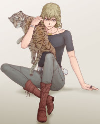 Rule 34 | 10s, 1boy, bad id, bad pixiv id, barnaby brooks jr., blonde hair, boots, glasses, green eyes, highres, jewelry, male focus, ra-m, ring, solo, tiger, tiger &amp; bunny