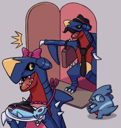 Rule 34 | apron, arm up, ayyk92, black eyes, black hat, black neckwear, black sclera, bow, briefcase, claws, clothed pokemon, colored sclera, creature as food, creatures (company), door, facial hair, finneon, fish, full body, game console, game freak, garchomp, gen 4 pokemon, gible, hair bow, hair ornament, hands up, hat, highres, holding, indoors, jewelry, jpeg artifacts, looking back, mustache, necktie, nintendo, nintendo switch, no humans, open mouth, outstretched arm, pink apron, pink bow, plate, pokemon, pokemon (creature), ring, sharp teeth, standing, teeth, upper body, yellow eyes
