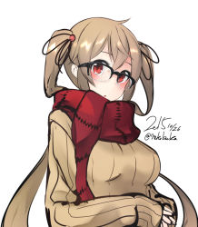 Rule 34 | 10s, 1girl, bad id, bad pixiv id, brown hair, glasses, kantai collection, long hair, murasame (kancolle), nekobaka, red eyes, ribbed sweater, scarf, solo, sweater, twintails